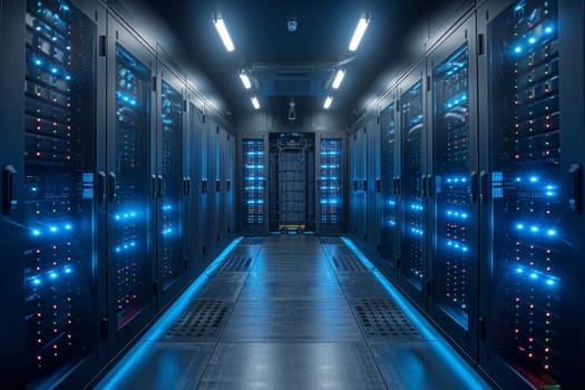 Rows of servers line the expansive data center, bathed in a soothing blue light. The servers stand silently, awaiting commands from the technicians who diligently maintain them.