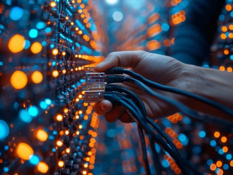 A person is standing in a data center, holding a tangled web of wires in their hands. Their focus is on organizing and connecting the wires systematically, ensuring a smooth flow of data within the center.