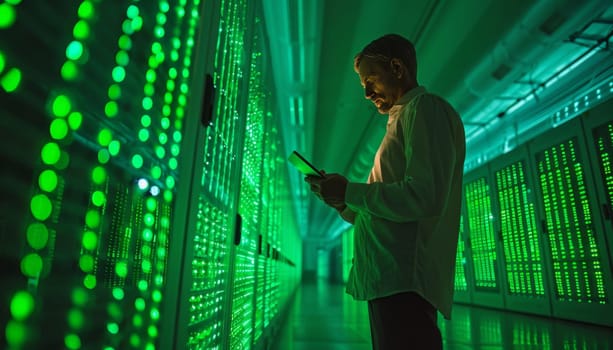 A man stands confidently in front of a mesmerizing wall of glowing green lights. The lights create a mystical and futuristic atmosphere, providing a striking backdrop for the mans presence.