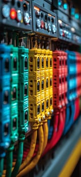 A dazzling row of multicolored electrical equipment lines the shelves of a high-tech store, ready for purchase or installation in a bustling data center. The vibrant hues of the technological devices stand out against the sleek, futuristic backdrop.