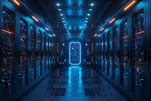 A long and narrow hallway fills the frame, lined with countless rows of gleaming servers, humming softly as they process and store massive amounts of digital information. The space is a bustling hive of activity, with technicians moving in and out, monitoring and maintaining the complex network of servers.