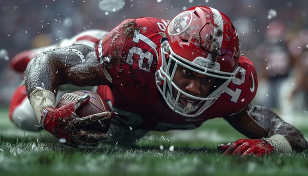A football player, clad in a crimson jersey, dives to the ground with the ball clutched in his hands. The players face is visible through the helmet, a mix of focus and determination evident as he fights for every inch of the field. The backdrop features a blurred field and a sky filled with a flurry of snow, creating a captivating image of raw emotion and athleticism.
