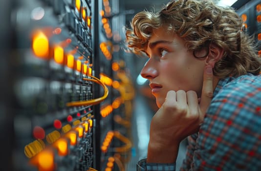 In a data center, a young man stands entranced, staring at a mesmerizing wall of flickering orange lights. The room is filled with a warm, ethereal glow, creating a captivating and futuristic atmosphere.