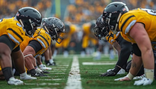 A high-resolution photograph capturing the intense focus of American football players lined up on the field, moments before a crucial play. The image showcases the raw energy and determination of the players, highlighted by their poised stance and the vibrant green of the turf beneath their feet.