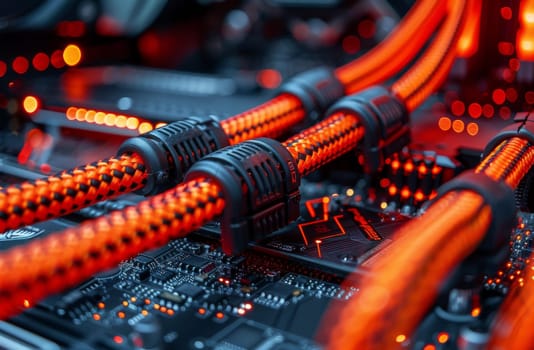 A detailed view of a computer motherboard, showcasing intricate circuitry and bright orange wires. The image highlights the complexity and precision of technology in a data center setting.