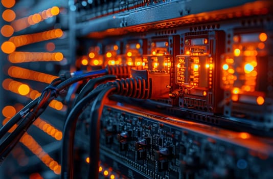 An intricate network of wires crisscrosses through a server in a bustling data center, a hub of digital activity where information is processed and stored. The server stands at the center of the frame, its metal casing reflecting the glow of indicator lights. The tangle of wires, varying in colors and thicknesses, connects various components within the server, ensuring seamless communication and data flow.