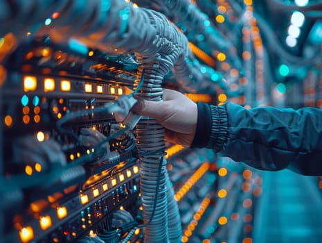 A skilled individual is meticulously working on a server within a bustling server room, surrounded by flashing lights and humming machines, ensuring smooth data processing and storage.