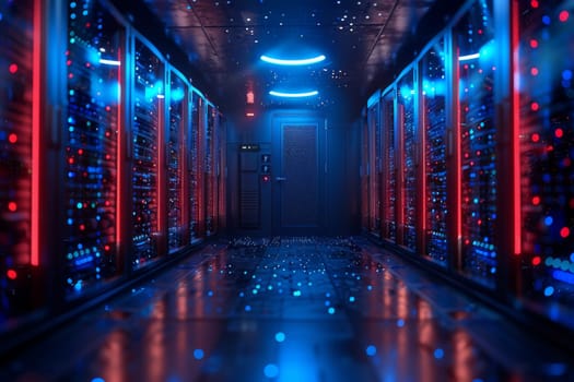 A long hallway with rows of red and blue lights illuminating the way, casting a vibrant and futuristic glow. The corridor stretches far into the distance, leading to an unknown destination. The lights create a sense of depth and dimension, adding a sense of mystery to the scene.