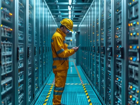 A man in a bright yellow coverall stands confidently in a bustling server room, surrounded by racks of technology and blinking lights. He appears focused and in control as he carries out his duties in this digital domain.