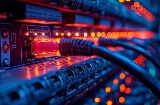 Within the bustling data center, a close-up view reveals a complex network of wires intertwining and connecting with precision. The intricate web of cables is essential for transmitting and processing data efficiently, showcasing the intricate dance of technology within the digital realm.
