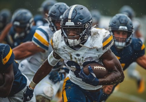 A football player in a white jersey with a navy blue helmet and yellow trim, carrying the ball, navigates through a sea of defenders in a rain-soaked game. He grits his teeth, determined to push forward despite the onslaught of tackles coming from both sides.