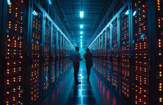 Two individuals stand among rows of servers in a bustling data center, engrossed in a conversation that seems to transcend the digital realm as they share knowledge and insights.