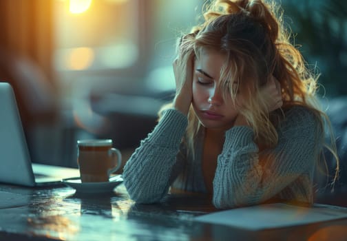 A young woman with long blonde hair sits at a table, her face buried in her hands as tears stream down her cheeks. She is surrounded by the soft glow of evening light, casting long shadows across the table. A cup of coffee sits forgotten beside her, its steam rising in the stillness of the air.