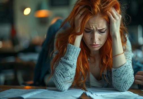 The image captures a woman sitting at her desk in an office, with her head resting on her arms as she cries. Her red hair cascades over her shoulders, framing her tear-stained face. The focus is on her emotions, highlighting the struggle and stress of her work environment.