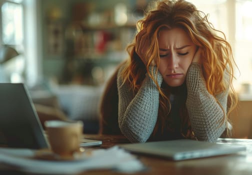 A woman with long red hair sits at her desk, her face buried in her hands. Tears stream down her cheeks as she stares at a laptop in front of her. The sun shines brightly through the window behind her, creating a stark contrast between the womans inner sadness and the cheerful atmosphere.