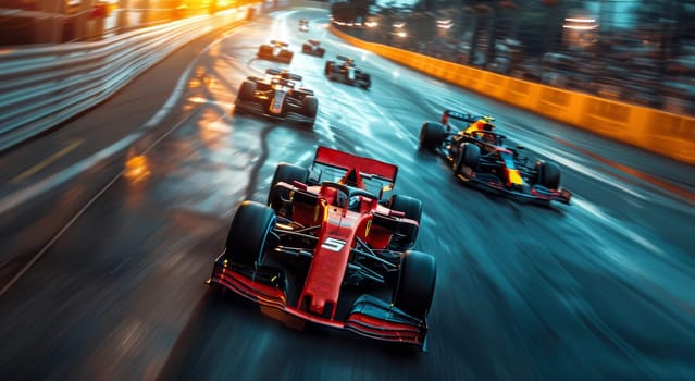 A colorful group of sleek Formula 1 racing cars are speeding down a race track, engines roaring and tires screeching as they compete for the lead. The drivers skillfully maneuver through turns and straightaways, creating a thrilling display of speed and precision.