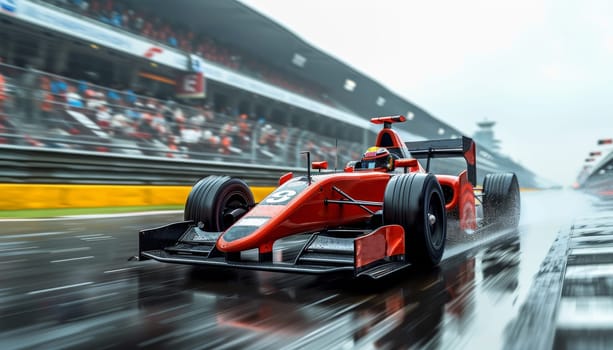 A vibrant red Formula 1 race car speeds down a slick wet track, leaving a spray of water in its wake. The cars sleek design and powerful engine contrast against the grey, rainy backdrop.