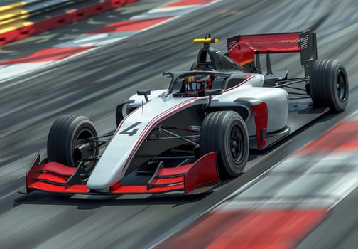 A sleek and powerful Formula 1 racing car speeds along the race track, its tires gripping the asphalt as it navigates tight corners and straightaways with precision and agility.