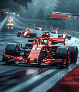 A vibrant red race car speeds down a slick, rain-soaked track, leaving a trail of water in its wake. The vehicles sleek design and bold coloring contrast with the wet surface, showcasing the power and agility of the car as it navigates the challenging conditions.