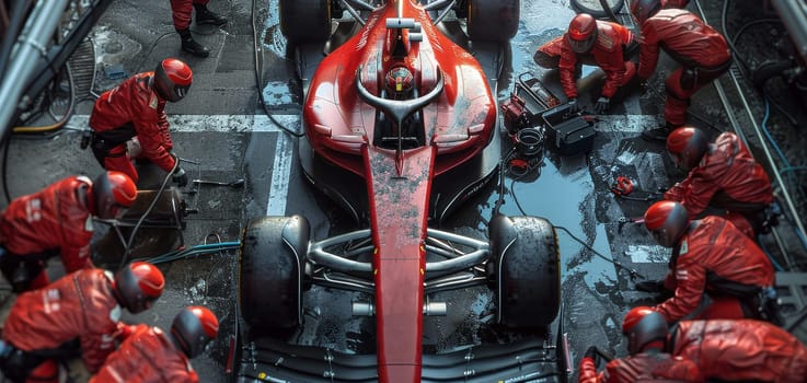 Skilled mechanics are meticulously fine-tuning a high-performance race car, surrounded by a flurry of tools, equipment, and intense focus.