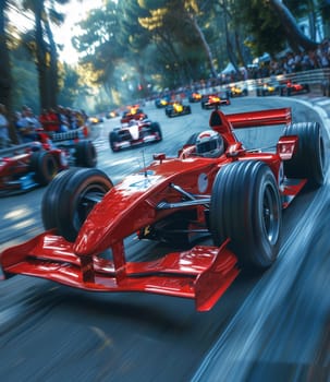 A vibrant red race car speeds along the Formula 1 race track, navigating sharp turns and accelerating down straightaways with precision and power. The car leaves a streak of smoke in its wake, showcasing the intense speed and agility of the driver.