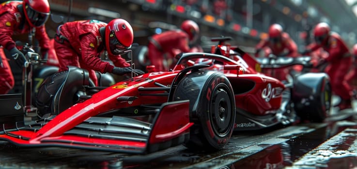 A model of a Formula 1 racing car is being meticulously worked on in a workshop. The mechanics are adjusting the engine, inspecting the aerodynamics, and fine-tuning every detail for optimal performance on the track.