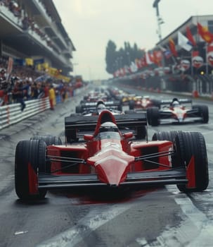 A dynamic scene unfolds on the race track as a group of Formula 1 racing cars zoom past, their engines roaring and tires screeching as they compete for pole position. The vibrant colors of the cars blur together as they speed towards the finish line.
