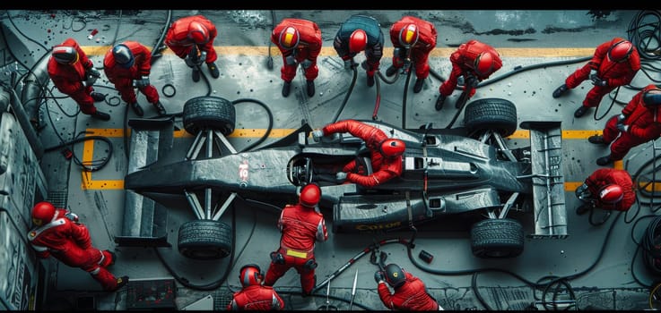 A group of skilled mechanics in personalized overalls and helmets are meticulously working on a sleek and powerful Formula 1 race car. They are adjusting the engine, inspecting the tires, and polishing the bodywork as they prepare for an upcoming race.