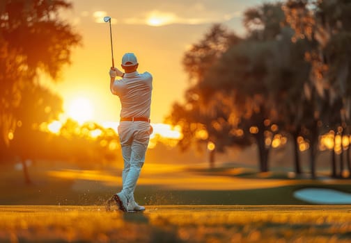 A talented man passionately swings a golf club with precision and grace against the stunning backdrop of a vibrant sunset. The golden hues of the sky cast a warm glow on the golfers body as he focuses on his swing, embodying the essence of the sport in a serene and picturesque moment.
