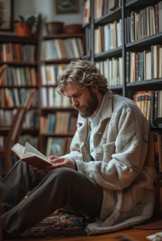 A man immersed in a book sits hunched on the floor of a bookstore or library, enveloped in a world of words and thoughts.