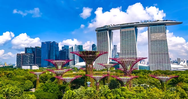SINGAPORE - MAY 10, 2024: View of Gardens by the Bay and Marina Bay Sands in Singapore