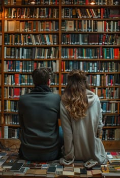 A man and a woman are seated on a bench in front of a bookshelf, engrossed in conversation and surrounded by a cozy bookstore ambiance.