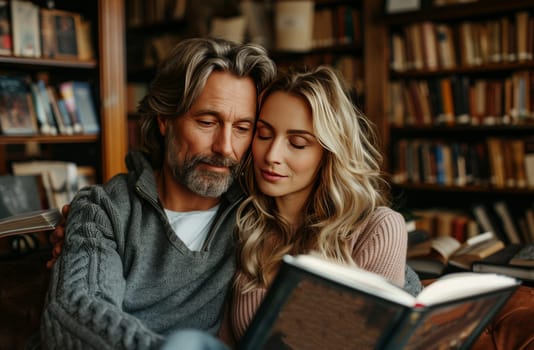 A man and a woman sit closely together, immersed in a book at a bookstore or library. They lean in, engaging with the text, their minds in unison as they journey through the pages.