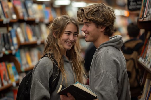 A young couple, wearing casual hoodies, enjoys a leisurely afternoon in a cozy library. They share smiles and laughter while exploring classic literature together.
