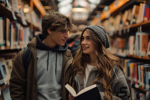 A man and a woman stand side by side in a vast library, surrounded by shelves filled with books. They seem engrossed in reading, exchanging thoughts on literature and deepening their connection through intellectual discussion.