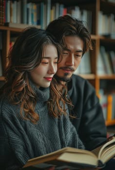 A man and a woman, seated together in a cozy corner of a bookstore, engrossed in a book they are reading together.