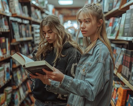 Two young girls engrossed in a book in a vibrant bookstore. One girl points excitedly at a passage as the other listens intently.