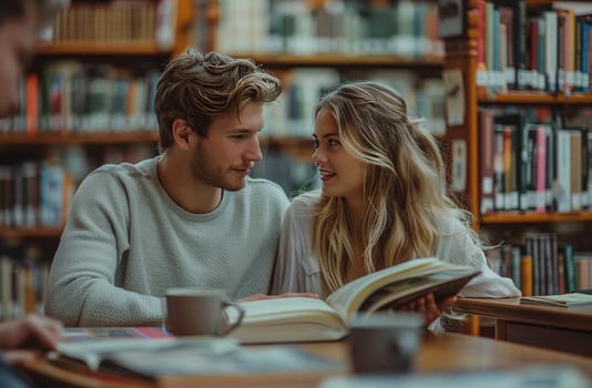 A man and a woman are seated at a cozy table in a bookstore or library, engrossed in reading a book together. They are focused and immersed in the story, sharing a quiet moment of connection.