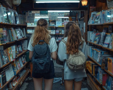 Two young girls are joyfully walking down the aisle of a cozy book store, surrounded by shelves filled with colorful books of various genres.