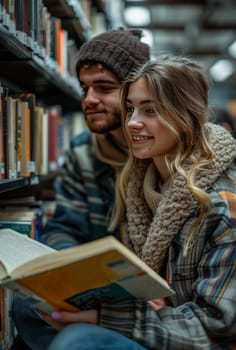 A man and a woman immersed in a book, surrounded by shelves of books in a library, engrossed in their reading.