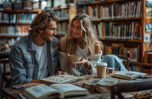 A man and a woman sit at a table in a cozy library, engrossed in deep conversation while surrounded by towering bookshelves and the soft glow of reading lamps.