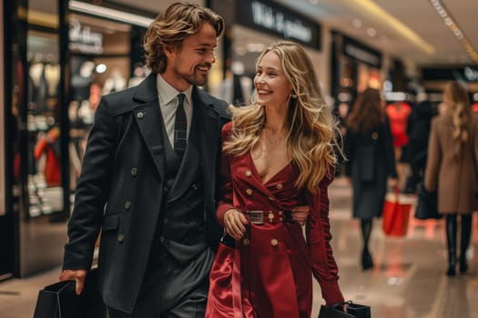 A man in his thirties donning a black suit and a woman, presumably a love couple, leisurely walking through a busy mall lined with various stores and shoppers.