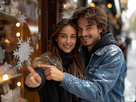 A couple, deeply in love, captured in a moment of joy as they take a selfie in front of a store window, sharing their happy memories with each other.