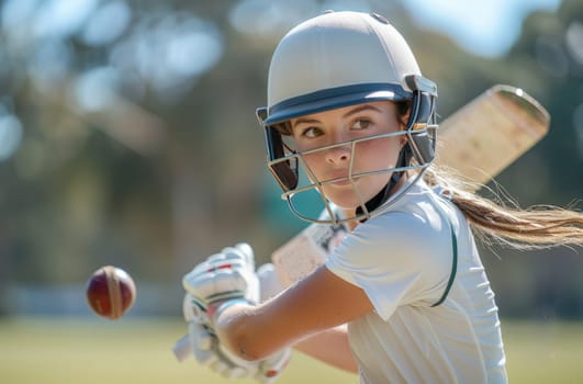 A young female cricket player wearing a white helmet and protective gear is shown batting during a match. Her eyes are focused on the ball as she prepares to hit it. The sun shines brightly, making the grass and sky appear bright. The image captures the intensity and focus required for playing cricket.