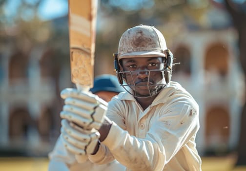 A young man in a white cricket uniform stands poised at the crease, bat raised and ready to strike the ball. He is wearing a helmet and protective gloves, his eyes focused intently on the bowler. The sun shines brightly, casting a warm glow on the green field behind him.