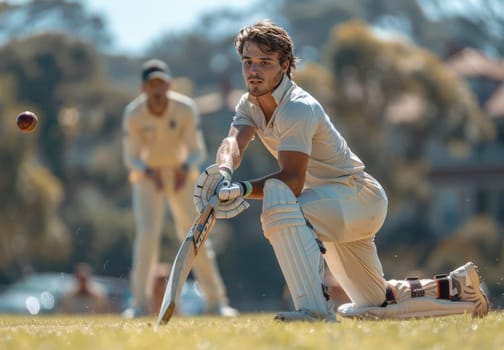 A young man in a white cricket uniform is kneeling on the pitch, bat held firmly in his hands, ready to strike the ball. The batsman is focused intensely, his eyes fixed on the bowler who is out of frame. The bright, sunny day provides a backdrop for this moment of anticipation.