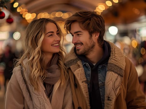 A man and a woman are looking directly at each other with wide smiles on their faces. Their eyes are filled with happiness and love as they share a moment of connection and affection.
