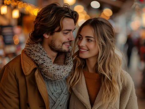 A man and a woman standing close together, their body language exuding love and happiness. They are gazing into each others eyes, sharing a special moment of connection and intimacy.