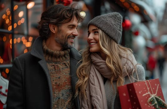 A love-filled couple leisurely walks down a bustling city street, completely engrossed in each others company, surrounded by the rhythm of urban life.
