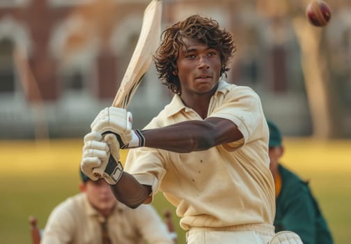 A young man in a white cricket uniform swings his bat with intense focus as a ball approaches. The sunlight casts a warm glow on the field, illuminating the players determined expression. The image captures the raw energy and anticipation of a critical moment in the game.